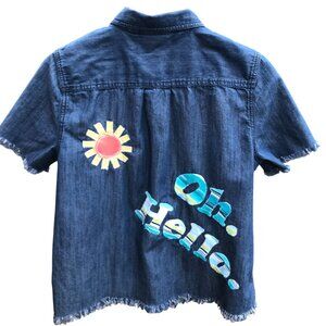 Women's Applique Denim Shirt, Size M: Upcycled Lightweight Button-Down, Oh Hello